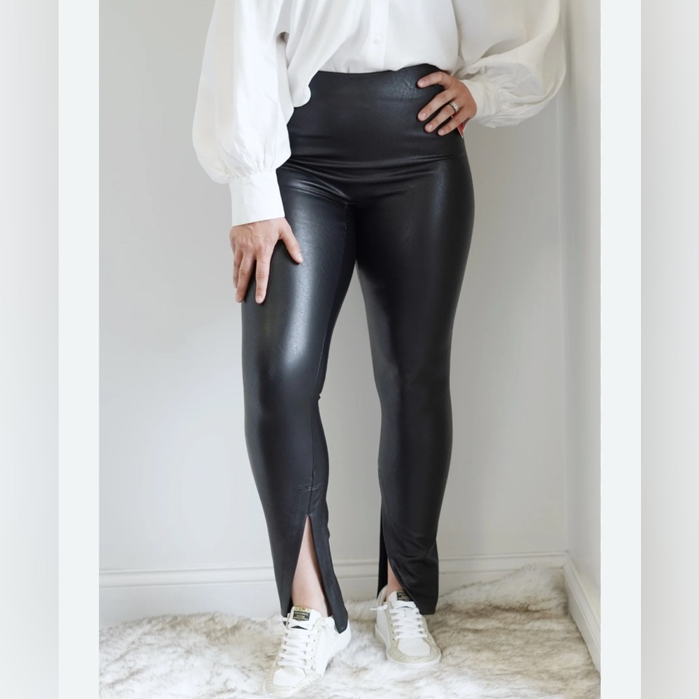 SPANX Black Faux Leather Leggings with Ankle Slit Size Small
